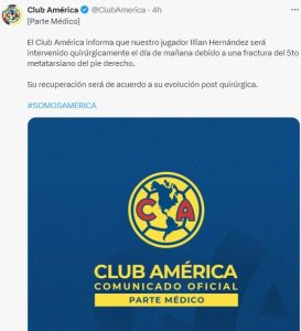 Comunicado del América, por la baja de Ilian Hernández en la final ante Cruz Azul. 