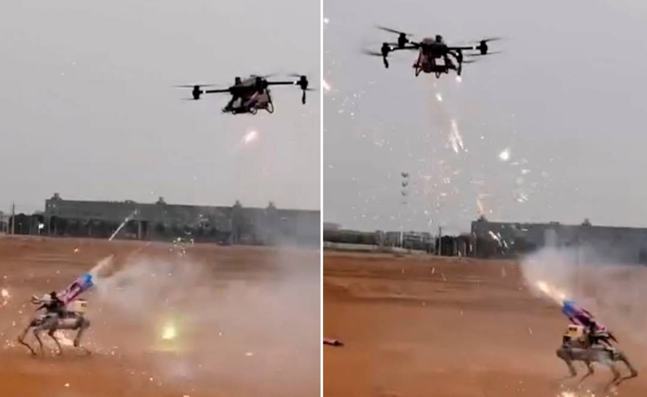 Un perro robot y un dron se enfrentan en un combate que parece de película